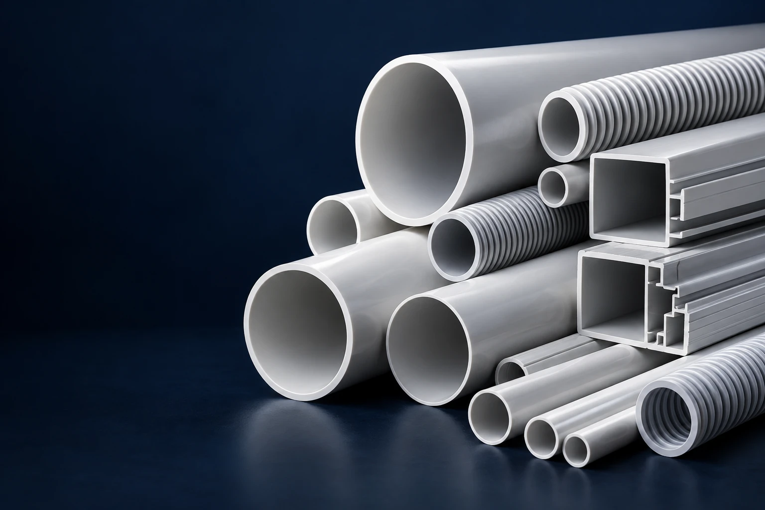 Illustrative arrangement of white PVC pipes, conduits and extruded profiles